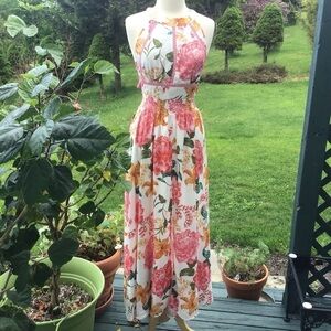 Abel The Label Anthropologie White Pink Floral Halter top Maxi Dress Med…